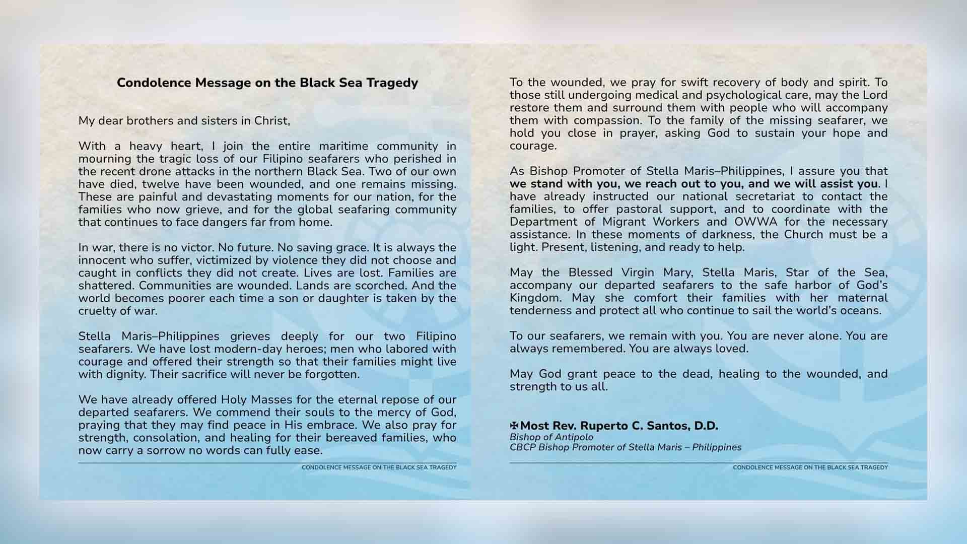 Stella Maris Philippines, nakiramay sa pamilya ng 2 Filipino seafarer na nasawi sa Black Sea