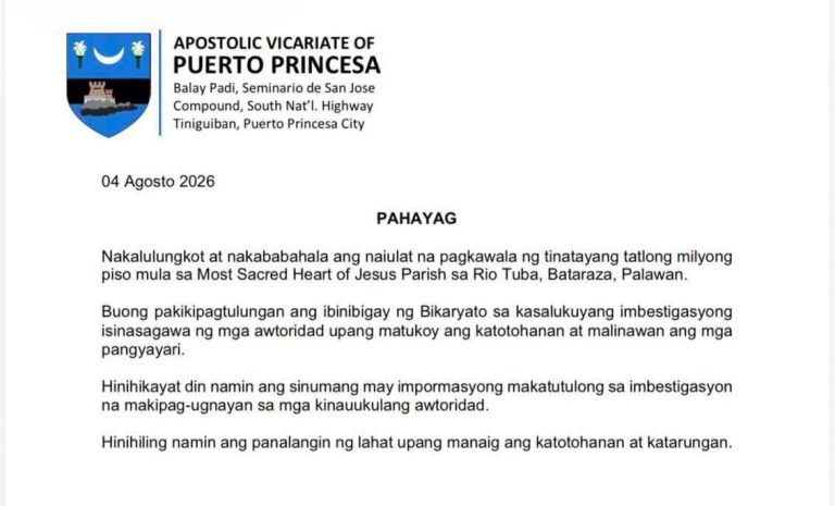 Apostolic Vicariate of Puerto Princesa, nababahala sa pagkawala ng pondo ng Most Sacred Heart of Jesus Parish