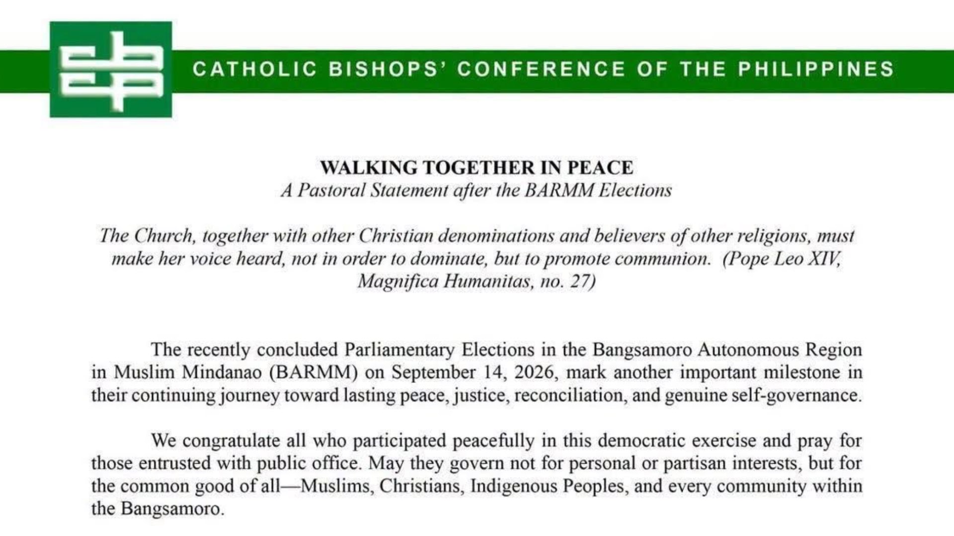 Bagong lider ng Bangsamoro, hinimok ng CBCP na pairalin ang pagkakaisa, dayalogo at pagtutulungan