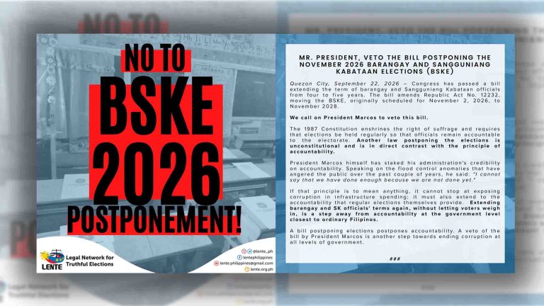 Pag-veto sa postponement ng BSKE, panawagan ng LENTE kay PBBM
