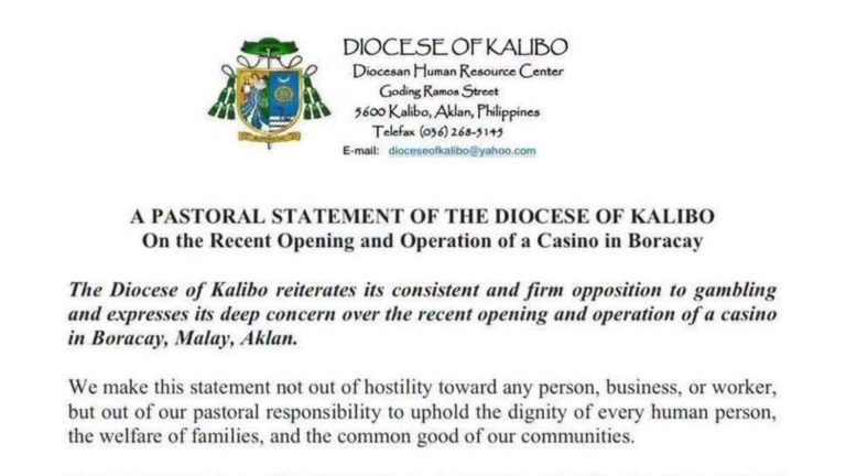 Mariing tinututulan ng Diocese of Kalibo ang pagbubukas ng casino sa Boracay Island